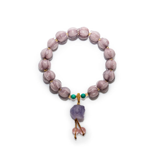 Lotus-Engraved Bracelet with Amethyst Raw Stone Pendant