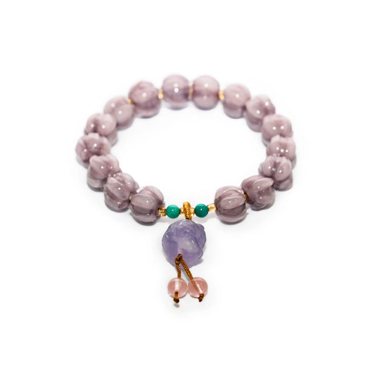 Lotus-Engraved Bracelet with Amethyst Raw Stone Pendant