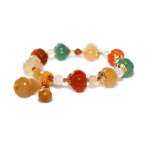 Mother-Daughter Colorful Gilded Jade Pumpkin Bracelet Set