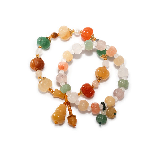 Mother-Daughter Colorful Gilded Jade Pumpkin Bracelet Set